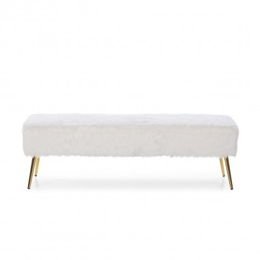 Banco de diseño con patas metálicas en oro brillo y asiento tapizado con tejido de pelo blanco