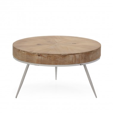 Mesa de centro o de café con sobre circular de madera y patas de metal lacado en blanco con acabado decapado.