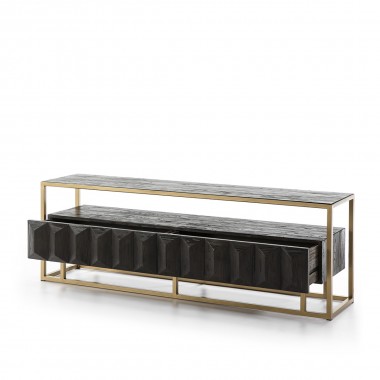 Mueble de televisión con estructura y patas en metal lacado en oro combinada con cajón y sobre en madera de olmo