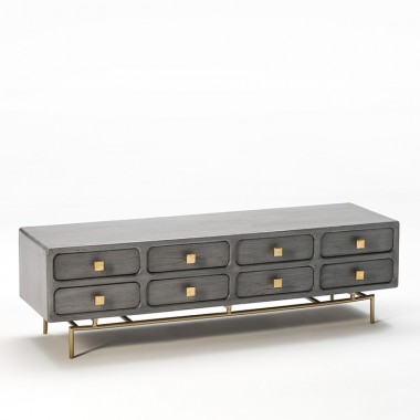 Mueble de televisión de madera gris con patas y tiradores en metal dorado.