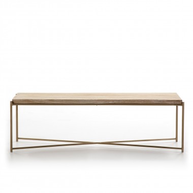 Mueble de televisión minimalista o banco con estructura metálica dorada y sobre de madera blanca lavada