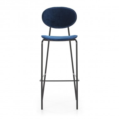 Taburete alto o silla de bar metálica negra con asiento y respaldo tapizado en terciopelo azul