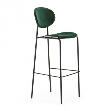 Taburete alto o silla de bar metálica negra con asiento y respaldo tapizado en terciopelo verde