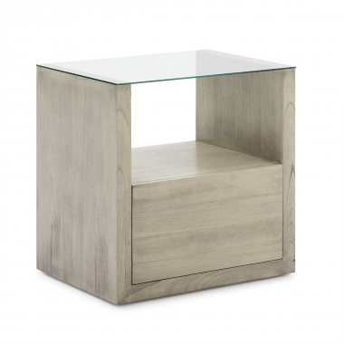 Mesita de noche de diseño de madera y vidrio con 1 cajón.