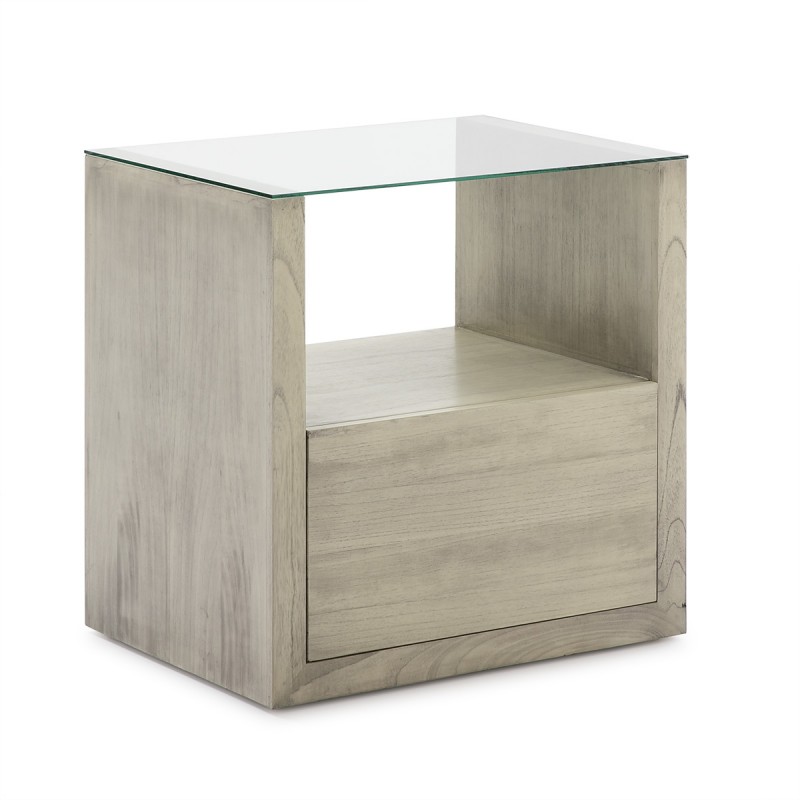Mesita de noche de diseño de madera y vidrio con 1 cajón.
