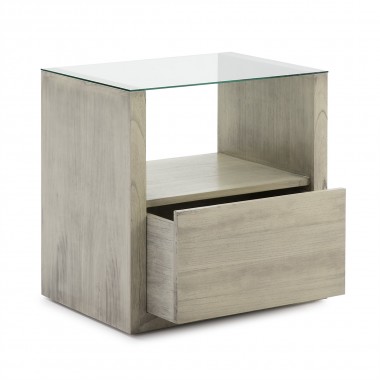 Mesita de noche de diseño de madera y vidrio con 1 cajón.