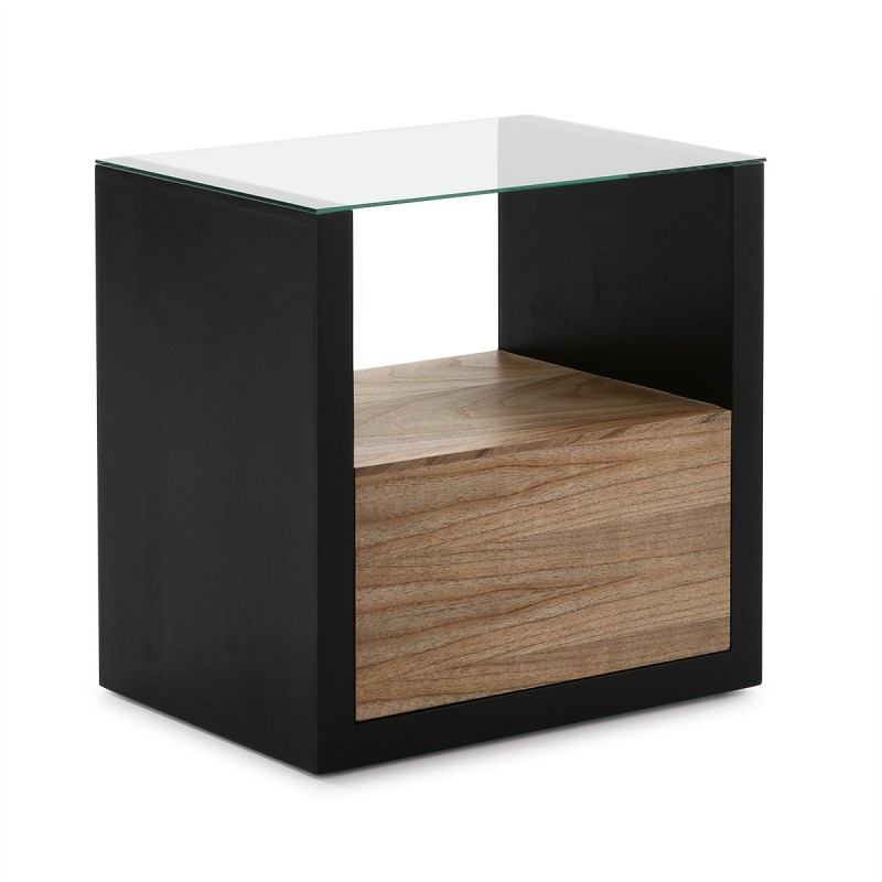 Mesita de noche de diseño de madera y vidrio con 1 cajón.