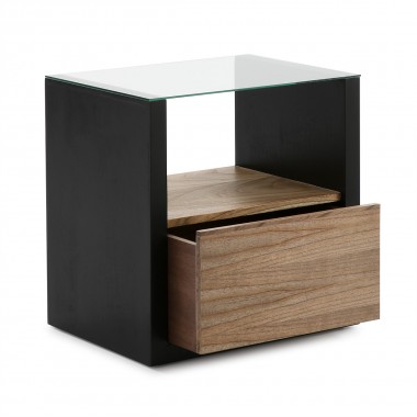 Mesita de noche de diseño de madera y vidrio con 1 cajón.