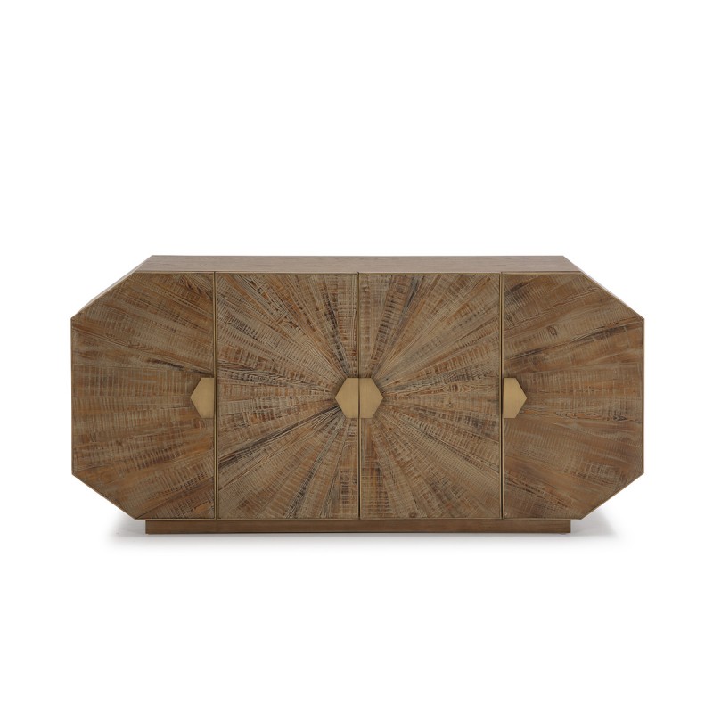 Aparador de diseño moderno de 4 puertas fabricado en madera erosionada y tiradores de metal dorado