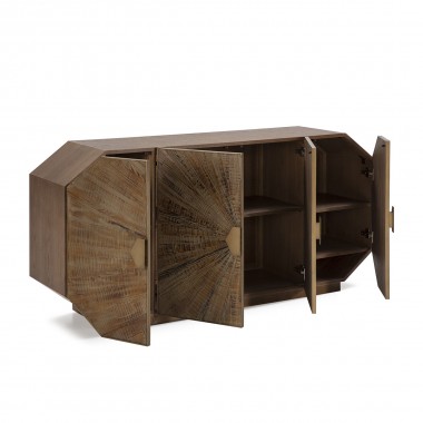 Aparador de diseño moderno de 4 puertas fabricado en madera erosionada y tiradores de metal dorado
