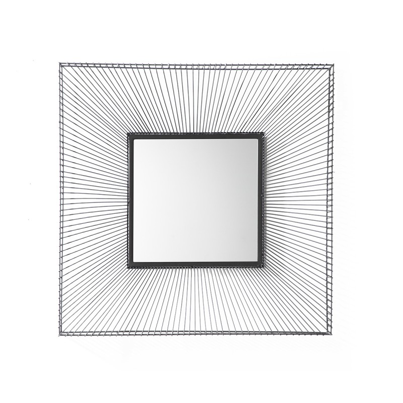 Espejo de pared cuadrado con marco metálico constituido por alambres lacados en negro