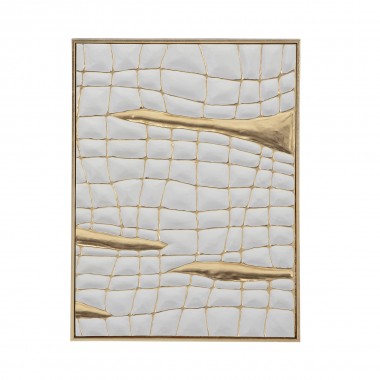 Cuadro de pared rectangular de madera y DM de 80 x 60 cm en blanco y dorado.