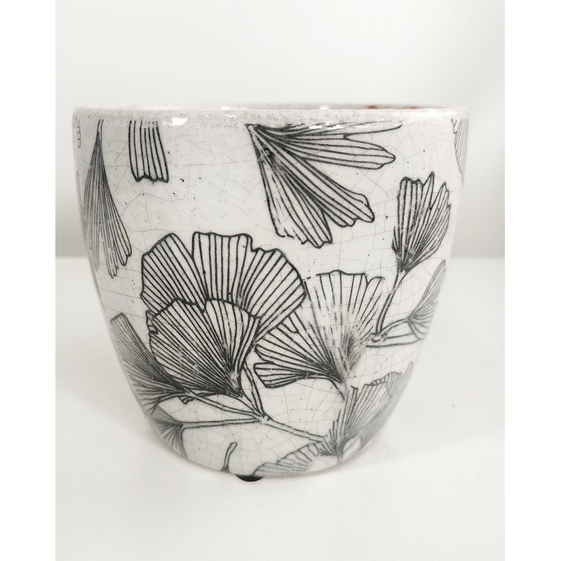 Macetero cerámico blanco con dibujo de hojas de Ginkgo Biloba. Efecto craquelado.