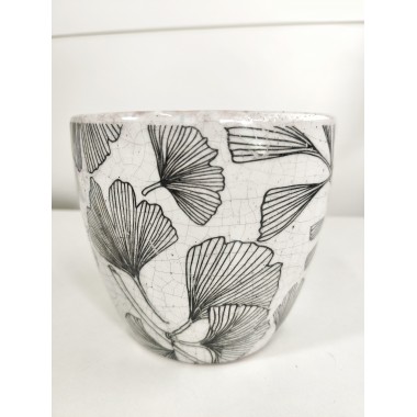 Macetero cerámico blanco con dibujo de hojas de Ginkgo Biloba. Efecto craquelado.