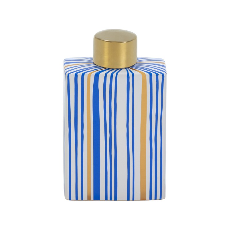 Tibor de cerámica con dibujo en franjas asimétricas azules y amarillas.