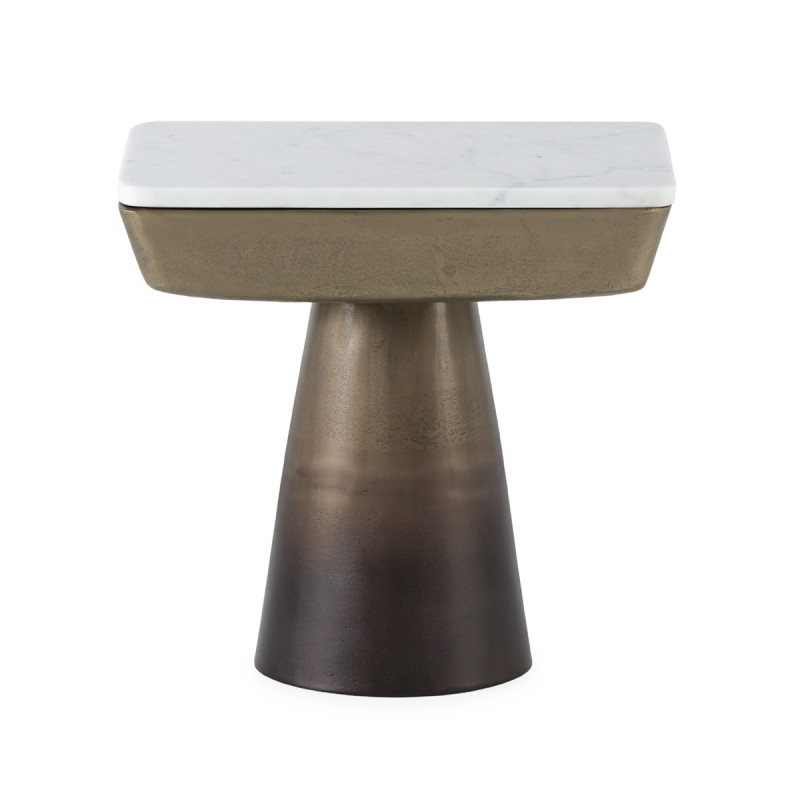 Mesa auxiliar metálica en acabado dorado antique con base de mármol blanco de Baswarra.