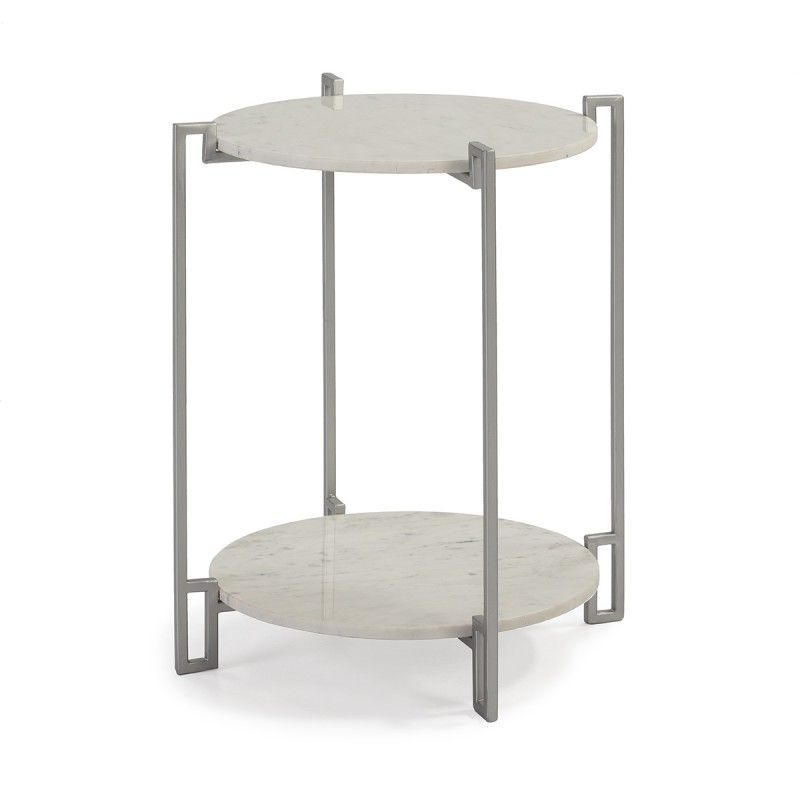 Mesa auxiliar redonda de dos niveles con tablero de mármol blanco y patas de acero inoxidable.