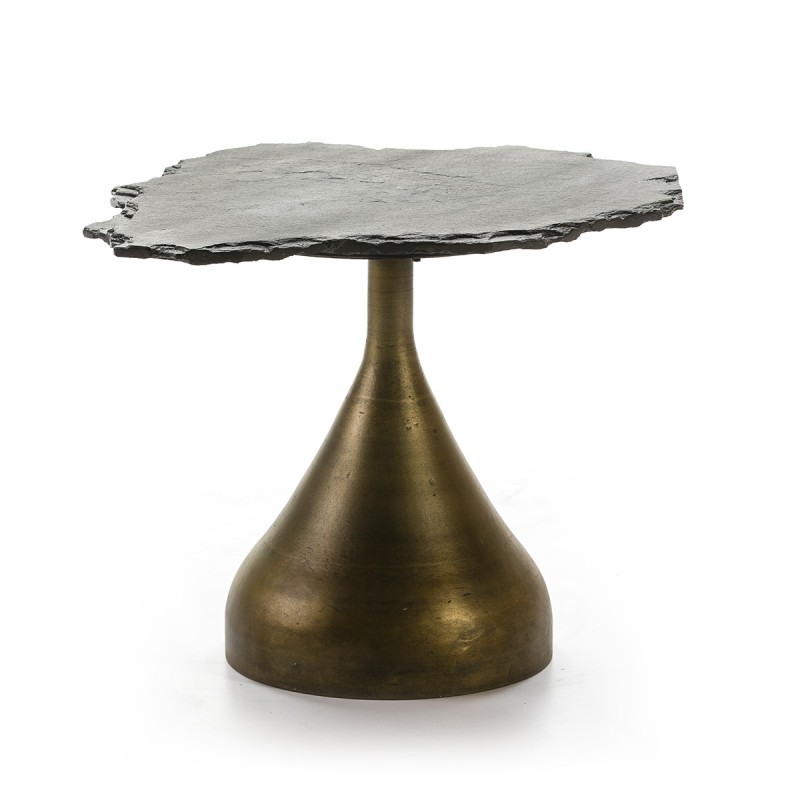 Mesa auxiliar metálica en acabado dorado antique con base de pizarra negra.