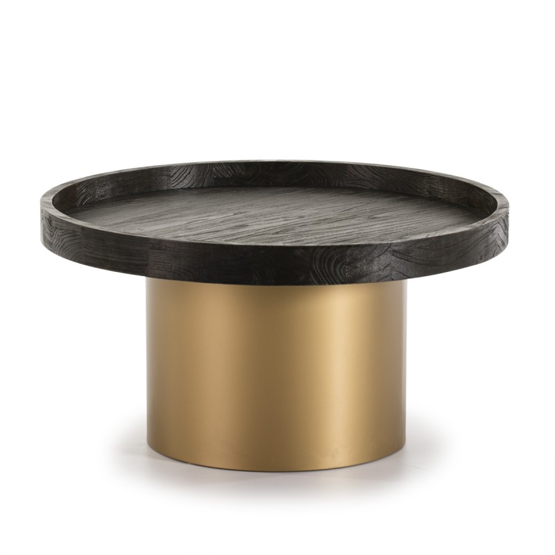 Mesa de centro con base cilíndrica metálica dorada y sobre de 80 cm de diámetro en madera de olmo con color estilo wengué.