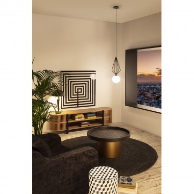 Mesa de centro con base cilíndrica metálica dorada y sobre de 80 cm de diámetro en madera de olmo con color estilo wengué.