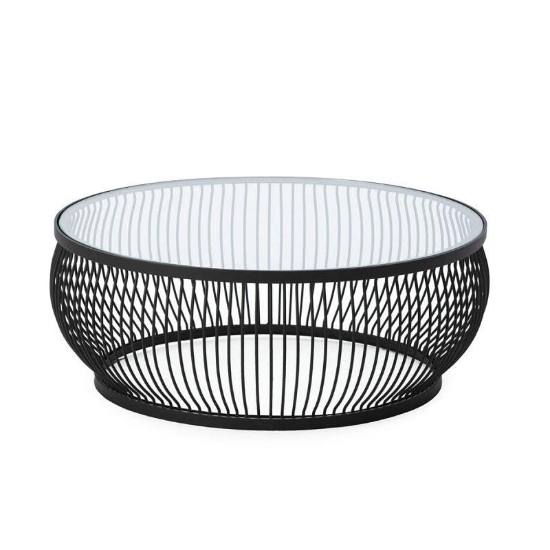 Mesa de centro redonda con estructura de metal lacada en negro y sobre de 93 cm de diámetro de vidrio.