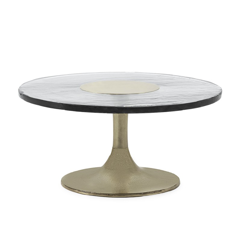 Mesa de centro redonda con base de aluminio en dorado y sobre de 86 cm de diámetro de vidrio rústico.
