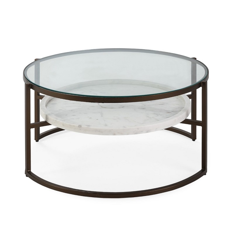 Mesa de centro redonda de dos niveles con sobres de vidrio templado y mármol blanco.