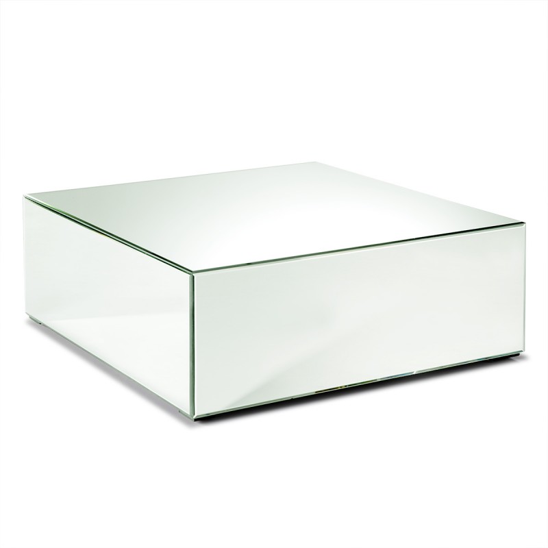 Mesa de centro rectangular recubierta completamente de espejos.