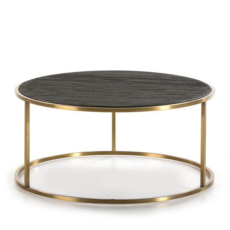 Mesa de centro redonda con estructura en oro brillo y sobre en madera marrón oscuro.