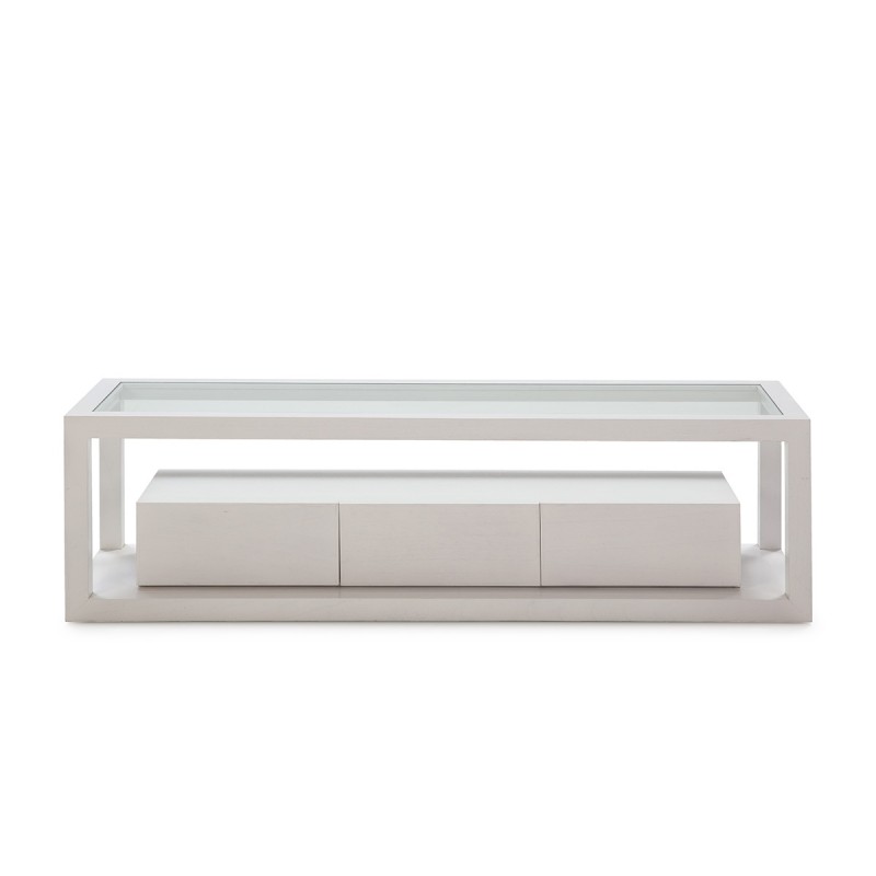 Mueble de televisión de madera con 3 cajones y sobre superior en vidrio templado. Disponible en blanco y negro.