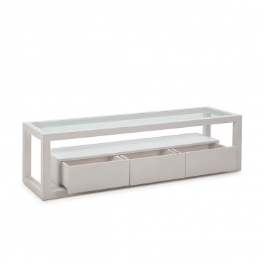 Mueble de televisión de madera con 3 cajones y sobre superior en vidrio templado. Disponible en blanco y negro.