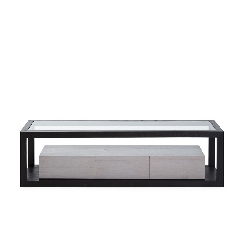 Mueble de televisión de madera con 3 cajones y sobre superior en vidrio templado. Disponible en blanco y negro.