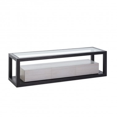 Mueble de televisión de madera con 3 cajones y sobre superior en vidrio templado. Disponible en blanco y negro.