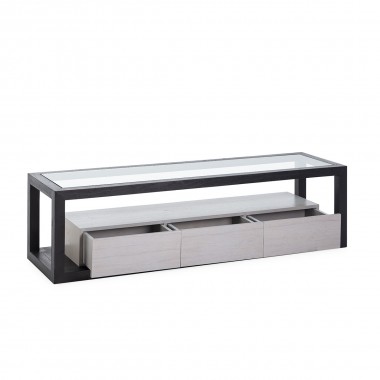 Mueble de televisión de madera con 3 cajones y sobre superior en vidrio templado. Disponible en blanco y negro.