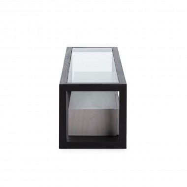 Mueble de televisión de madera con 3 cajones y sobre superior en vidrio templado. Disponible en blanco y negro.