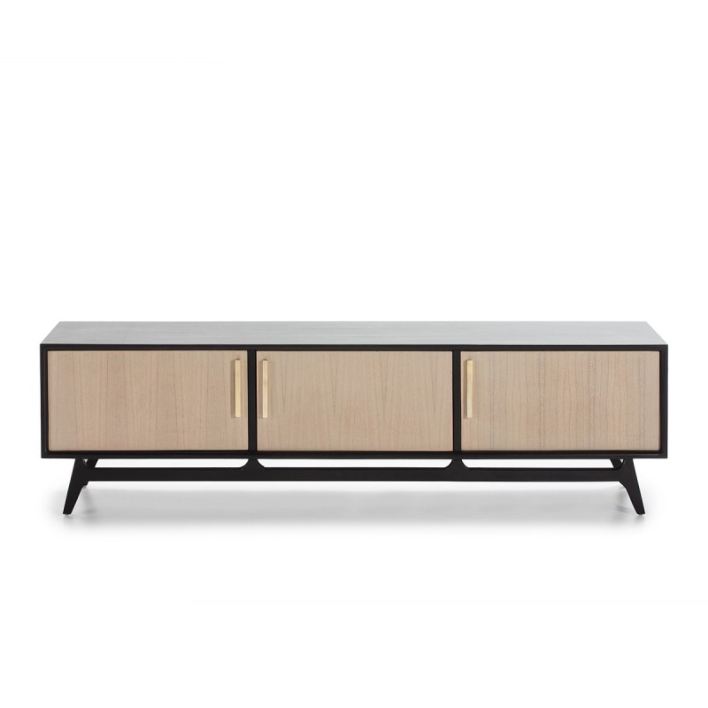 Mueble de televisión de madera negra con frontales en color roble natural con patina en gris.