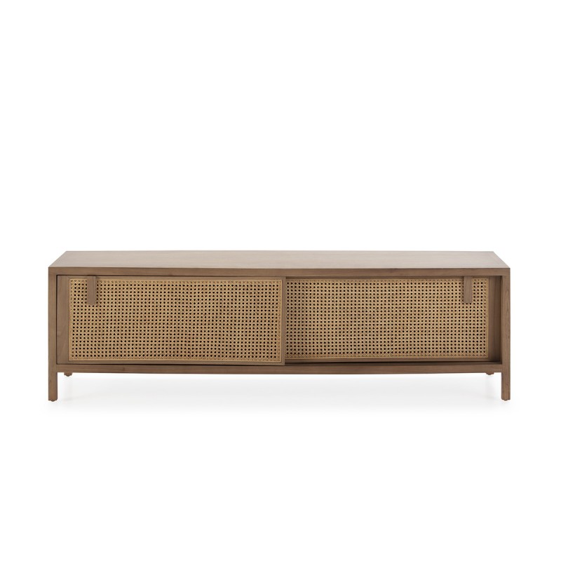 Mueble de televisión de madera con patas metálica negras y puertas de ratán. Disponible en negro y color arena.