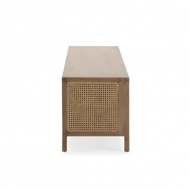 Mueble de televisión de madera con patas metálica negras y puertas de ratán. Disponible en negro y color arena.