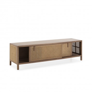 Mueble de televisión de madera con patas metálica negras y puertas de ratán. Disponible en negro y color arena.