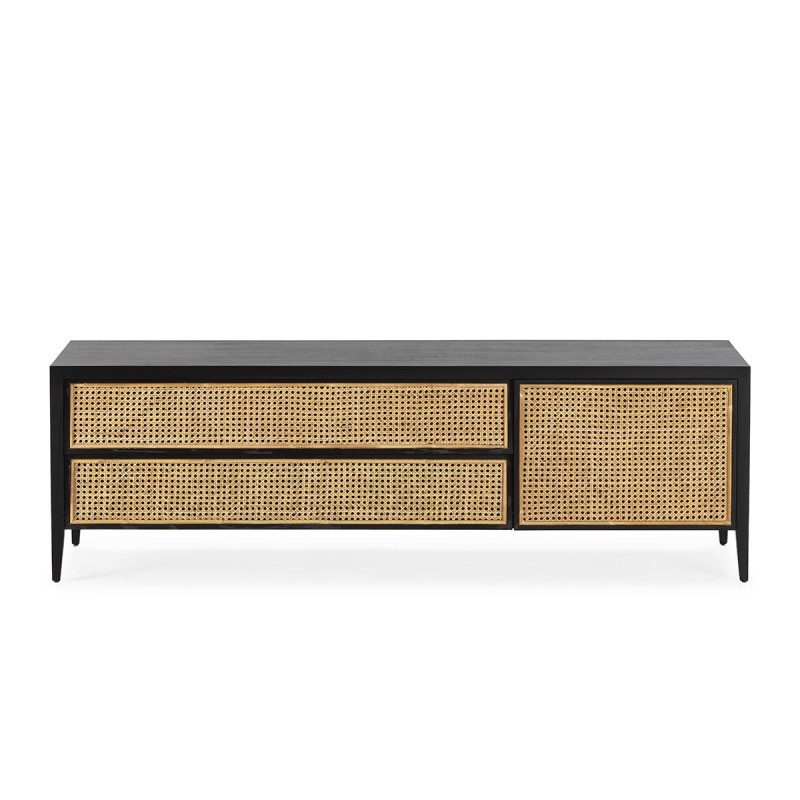 Mueble de televisión con estructura en madera negra y frontales de ratán. Patas metálicas negras.