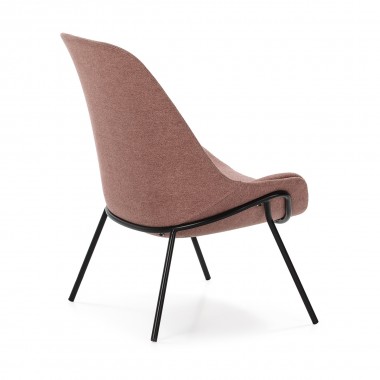 Sillón de poliéster rosa con patas metálicas negras.