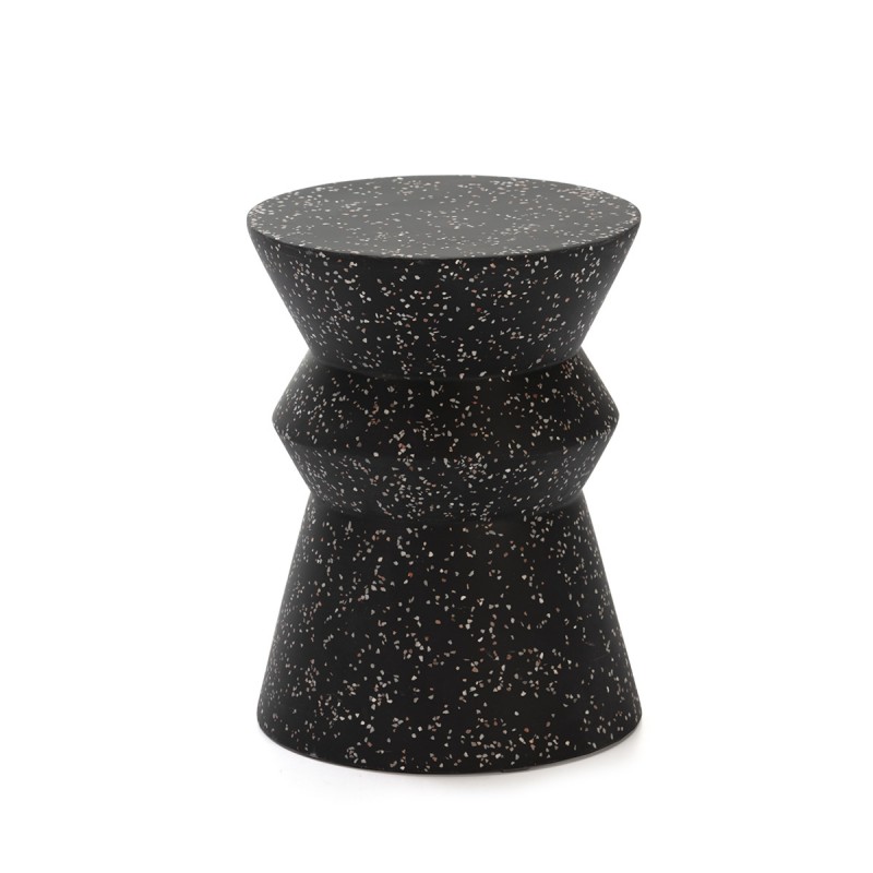 Taburete o puff fabricado en epoxi con acabado terrazo. Disponible en blanco o negro.