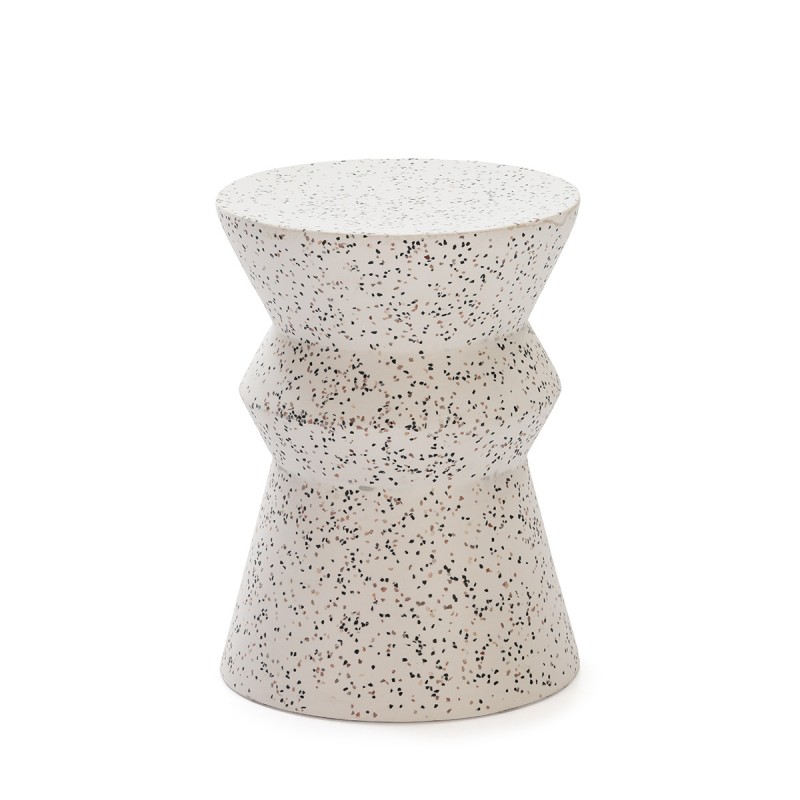 Taburete o puff fabricado en epoxi con acabado terrazo. Disponible en blanco o negro.