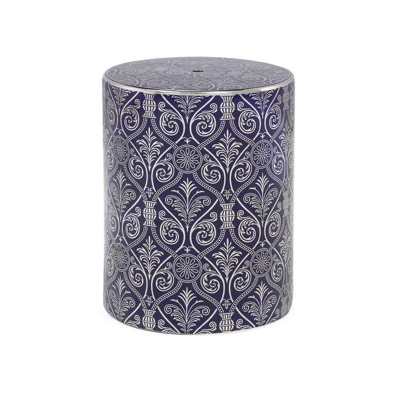 Taburete o puff de cerámica azul oscuro con damasco en plateado.