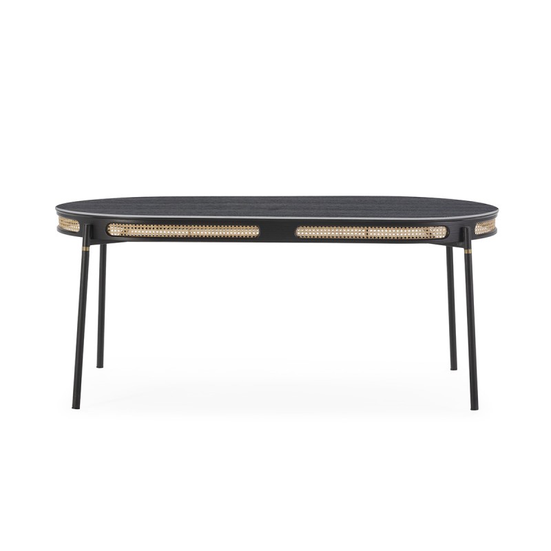 Mesa de comedor de madera negra con detalles en ratán y patas metálicas negras