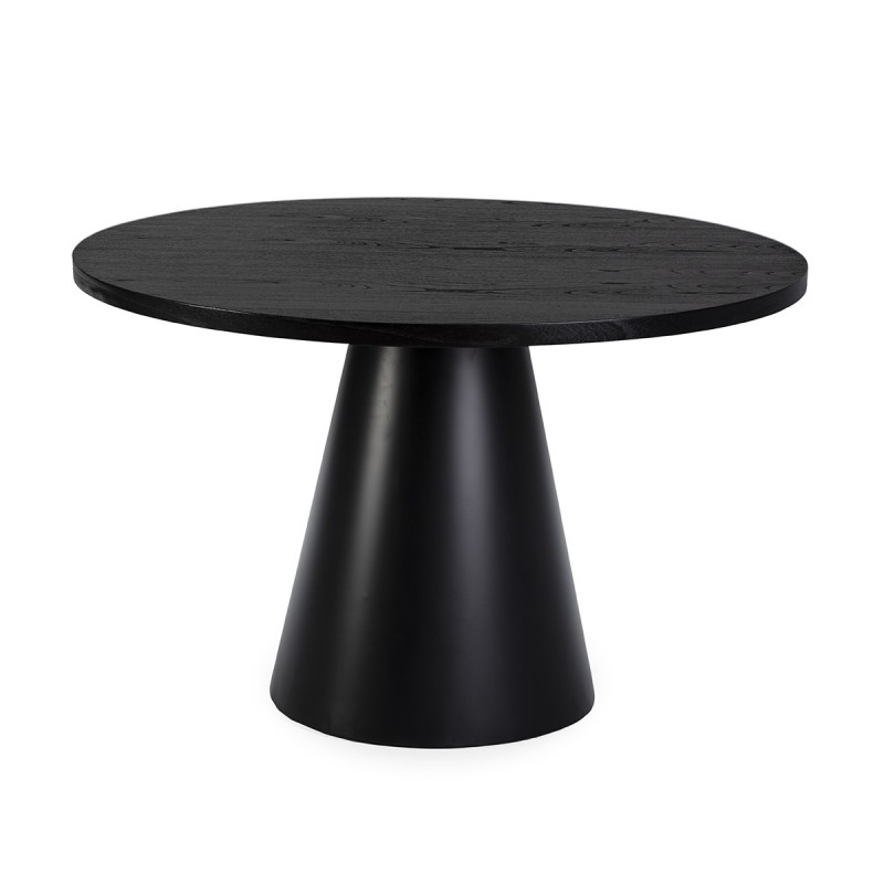Mesa de comedor redonda de 120 cm de diámetro con base cónica metálica. Disponible en negro y blanco.