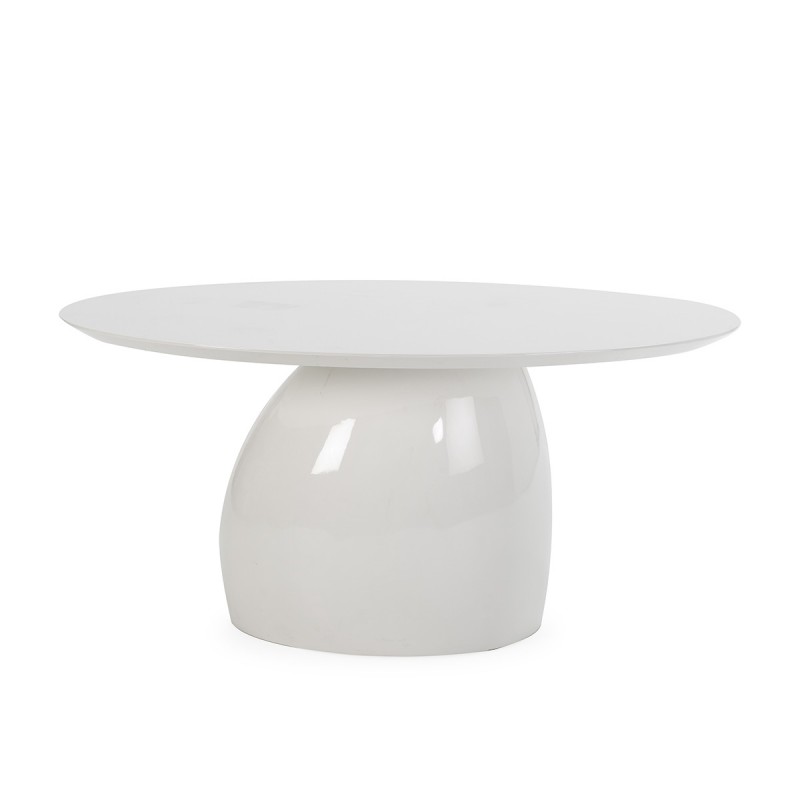 Mesa de comedor blanca con sobre ovalado de madera y base de fibra de vidrio.