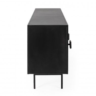 Aparador metálico con estructura y patas en negro y puertas en plata. No requiere montaje.
