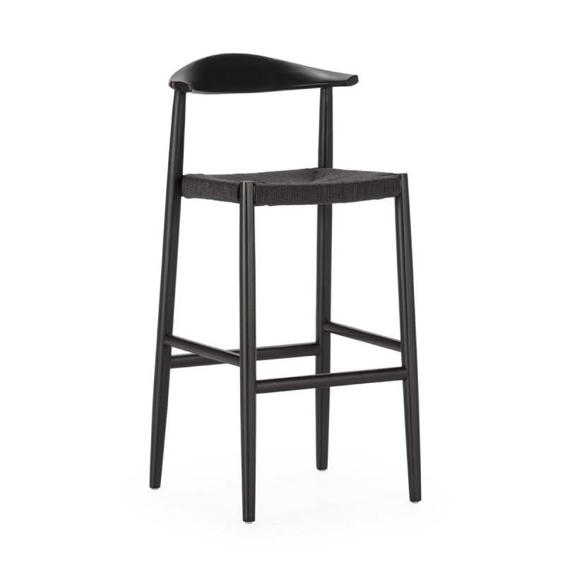 Taburete alto o silla de bar con estructura de madera de haya lacada en negro y asiento de cuerda de papel negra.