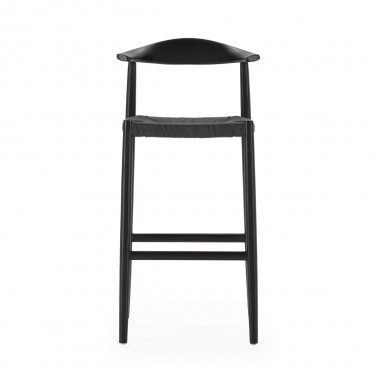Taburete alto o silla de bar con estructura de madera de haya lacada en negro y asiento de cuerda de papel negra.